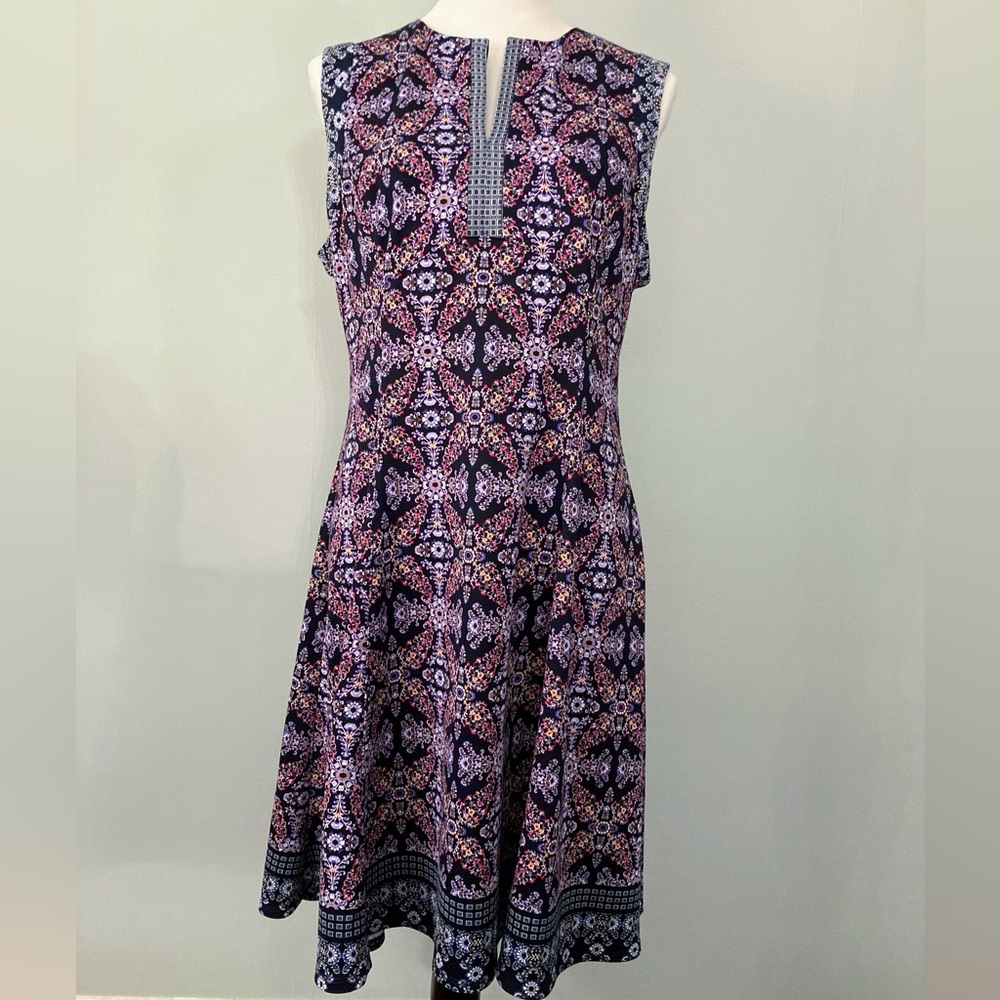 LIZ CLAIBORNE Fit’n’Flare A-Line Blue Floral Geometric Print Dress